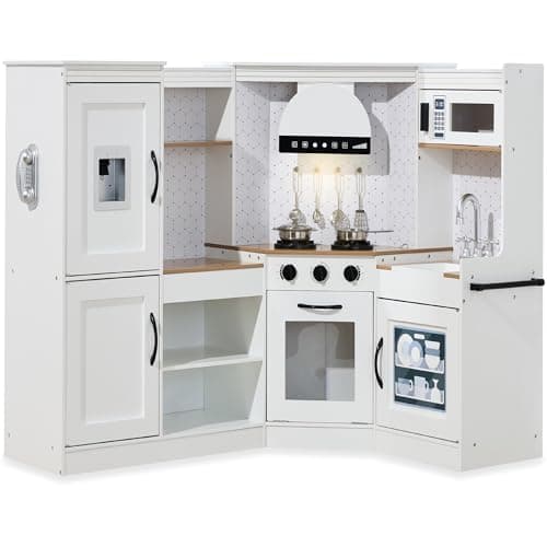 Best Choice Products Pretend Play Corner Kitchen, Ultimate Interactive Wooden Kids Playset w/Lights & Sounds, Ice Maker, Hood - Farmhouse White