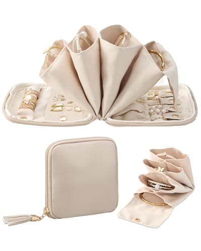 Lolalet Travel Jewelry Case Organizer, Small Jewellery Pouch with Compartments for Storage, Soft Velvet Bag for Traveling Women, Packing for Necklaces, Earrings, Bracelets, Mothers Day Gifts -Oatmeal — image 1