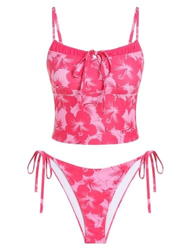ZAFUL Womens Cute Tankini Bathing Suits Gingham Two Piece Floral Tankinis Sets Color Block Bow Swimsuits with Tie Side Bottom — image 1