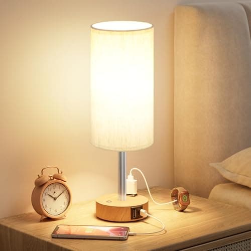 Touch Bedside Table Lamp for Bedroom, Stepless Dimmable, USB A+C, AC Outlet | Base Touch Button Only, Memory Brightness, Ultra-dim Night Light, Included Bulb for Optimal Dimming, Wood Grain Base, Nursery — image 1
