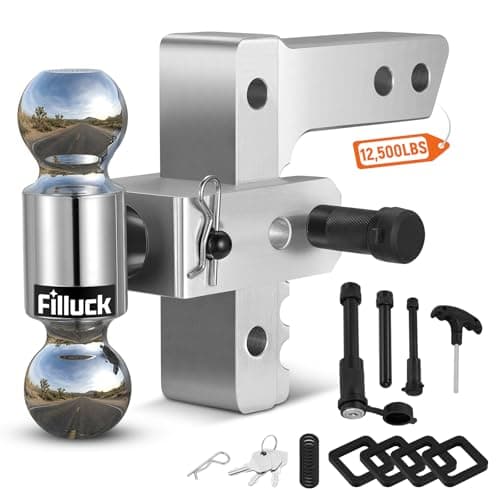 Filluck Adjustable Trailer Hitch Fits 2" Receiver, 2" & 2-5/16"(12,500 LBS GTW) Rotatable Dual Solid Ball, 6" Drop/Rise Heavy Duty Aluminum Tow Hitch, Trailer Hitches with Anti-Theft Pin, Silver