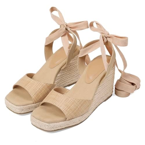 EQAUDES Womens Espadrilles Wedge Sandals Platform Square Toe Ankle Strap Lace Up Summer Shoes — image 1