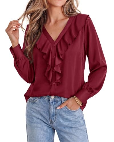 dowerme Womens Long Sleeve Tops Satin Ruffle Button Shirts — image 1