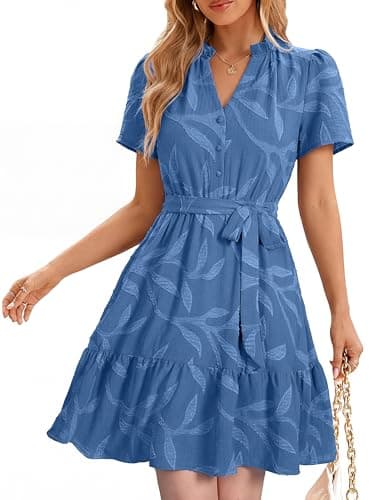 Simplee Womens Summer Dresses 2026 Casual Short Sleeve Empire Waist A Line Mini Dress V Neck Boho Sundress Pockets — image 1