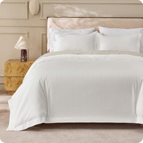 Bedsure 100% Cotton Percale Duvet Cover Queen, Luxury Hotel Duvet Cover, Striped Jacquard White Comforter Cover, PureWoven Breathable & Lightweight Bedding Set for All Season, 3 Pieces, 90"x90" — image 1