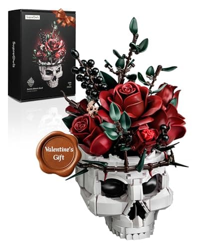 iATOM Skull Roses Flower Bouquet Building Set, Botanical Collection Kit for Adult Women, Gift for Valentines Day for Her/Girlfriend/Mom/Wife/Couple, Goth Horror Skeleton Pot Home Table Decor Aesthetic