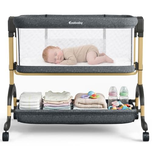 Ezebaby 3 in 1 Baby Bassinet Bedside Sleeper, Rocking Bassinet for Baby with Comfy Mattress & Breathable Full Mesh Sides, 7 Height Adjustable | Portable Crib for Newborns with Lockable Wheels