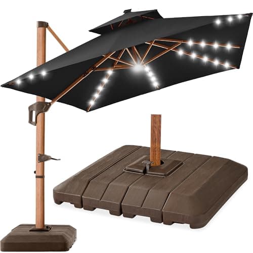 Best Choice Products 10ft Square Cantilever Patio Umbrella w/Base Included, Woodgrain Pattern Pole & Solar LED Lights, 360-Rotation, Offset Hanging Outdoor Shade - Black — image 1