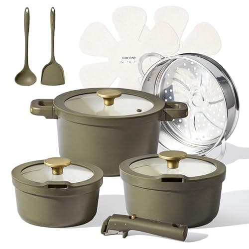 CAROTE Ceramic Saucepan Set 5.5QT/3QT/2QT,Nonstick Cooking Pots Set with Detachable Handles,Non-toxic Stock Pots with Lid,Induction Comptable,PFAS and PFOA Free,Olive Green — image 1