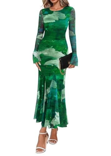 Lazysmile Women's Long Sleeve Floral Maxi Dresses Fall Formal Crewneck Bodycon Mesh Ruffle Wedding Guest Cocktail Party Dress — image 1