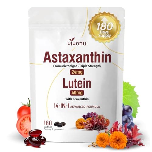VivoNu 14-in-1 Astaxanthin 24mg & Lutein 40mg with Zeaxanthin Supplements, 6 Month Supply, Fresh Microalgae Source, Gluten Free Non-GMO, Supports Eye, Skin, Antioxidant, 180 Softgels, 1 Bag — image 1