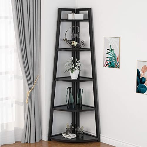 Tribesigns 70 inch Tall Corner Shelf, 5 Tier Modern Corner Bookshelf Bookcase Industrial Corner Ladder Shelf Plant Stand for Living Room, Kitchen, Home Office (Black) — image 1