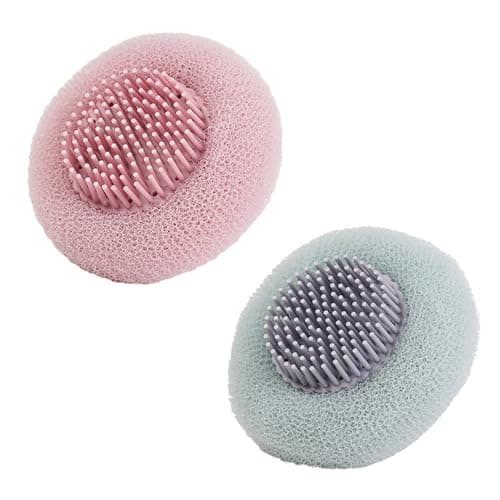 2-in-1 Sunflower Suction Cup Bath Ball, Exfoliating Mesh Shower Body Sponge with Cleaning Brush, Pink and Green, 2 Pack — image 1