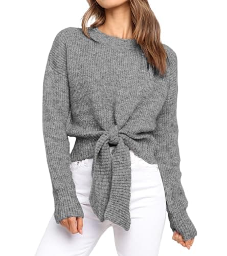 Okiwam Women's Long Sleeve Cropped Sweaters Casual Knit Pullover Tie Front Crew Neck Fall Outfits Spring Fashion Clothes 2026 — image 1