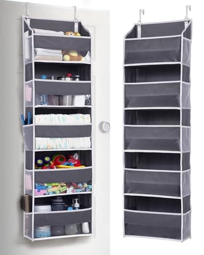 ULG 1 Pack Over Door Organizer with 5 Large and 10 Mesh Side Pockets, 44 lbs Weight Capacity Hanging Storage with Clear Window Kids Toys, Shoes, Diapers, Dark Grey, 5 Layers