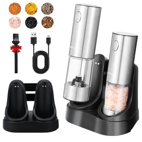 Electric Salt and Pepper Grinder Set with Charging Base - One Handed Automatic Spice Mill, Adjustable Coarseness Pepper Grinder, LED Light, Stainless Steel for Modern Kitchen & BBQ — image 1