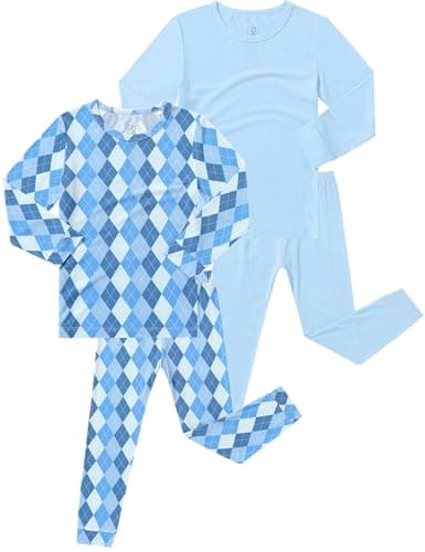 JunNeng Bamboo Viscose Pajamas for Toddler Boys, Baby Kids Soft Stretchy Pajamas Sets Sleeper, Blue Diamond + Light Blue 2-3 Years