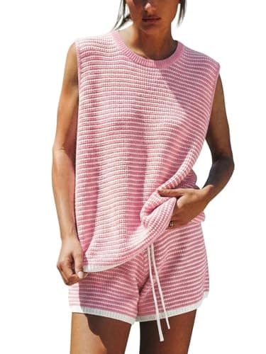 EXLURA Women's Sleeveless Sweater Set 2 Piece Outfits Striped Crewneck Knit Tank Tops and Shorts Summer Sporty Lounge Sets — image 1