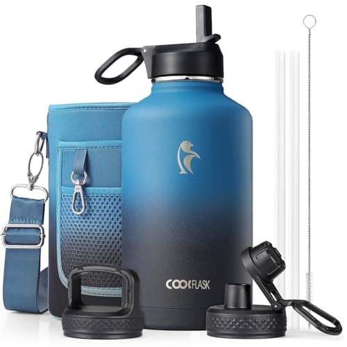 Half Gallon Water Bottle Insulated with Straw & 3 Lids, Coolflask 64 oz Water Jug Large Metal Stainless Steel Wide Mouth for Sports, Gym or Office, Non-BPA Keep Cold 48H Hot 24H, Samurai Cyan — image 1