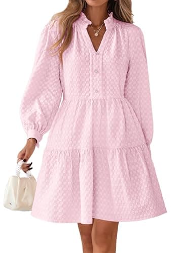Lazysmile Dresses for Women Long Sleeve V Neck Button Down Ruffled Flowy Fall Casual Babydoll Tunic Dress — image 1