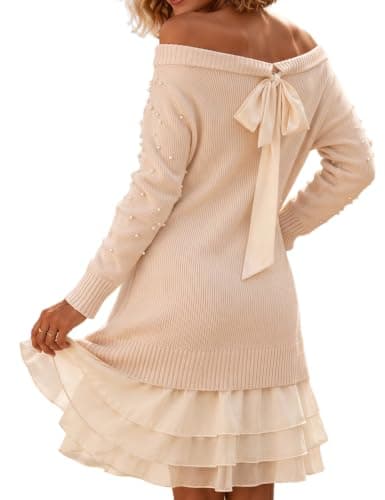 CiCiBird Women Off Shoulder Pearl Sweater Dress One Piece Mini Dresses | Back Tie Bow, One Shoulder Or Boat Neck Look, Chiffon Style Ruffled Hem, A Line Shape, Holiday, Date Night, Family Gathering — image 1