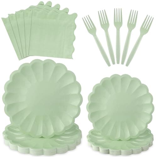 96 Pcs Sage Green Paper Plates and Napkins Party Supplies Serve 24 Guests Include Scalloped Dinner Plate 9.5", Dessert Plate 7.5", Napkins Plastic Forks for Baby Bridal Shower Wedding Birthday — image 1