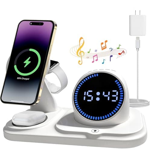 6 in 1 Wireless Charging Station with Bluetooth Speaker Fuction, Charging Stand for Multiple Devices for Apple iPhone 17 16 15 14 13 12 Pro Max Apple Watch Airpods, Digital Clock and Ambient Lights