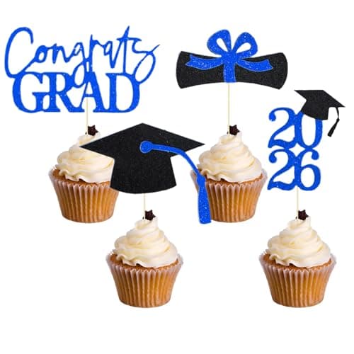 Oeyliz Graduation Cupcake Toppers 2026 Graduation Theme Cupcake Toppers Glitter 2026 Grad Cap Congrats Grad Diploma Cupcakes Toppers 24 PCS For 2026 Graduation Cake Decorations Supplies Blue — image 1
