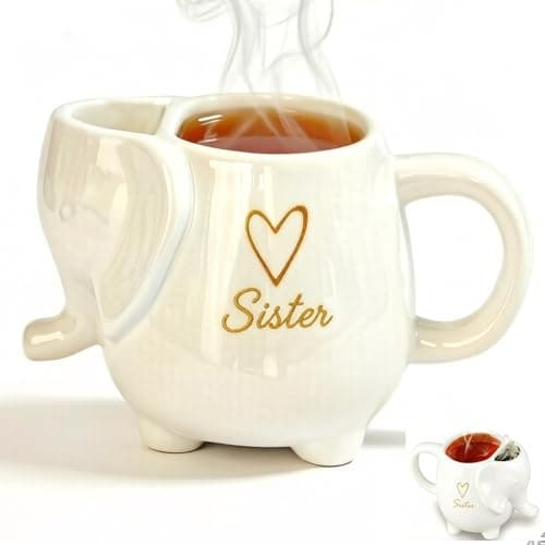 AKLOPE Elephant Shaped Tea Mug with Mom Heart Design, White Ceramic Stoneware Cup with Tea Bag Holder, 15 Ounce (15 oz, Mom) — image 1