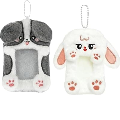 2PCS Cute Plush Photocard Holder with Keychain, Cartoon Animal Photo Sleeve ID Bank Badge Holder, Soft Idol Photo Protective Cover for Fans School Office, Best Christmas Birthday Gift