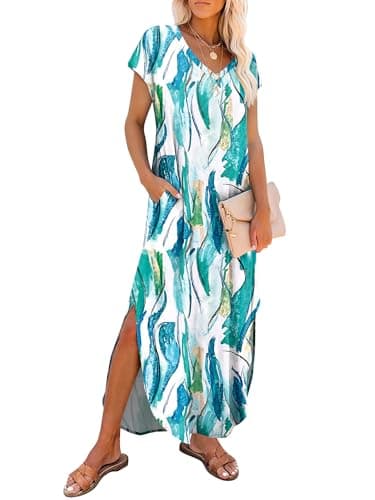 RUMIA Summer Casual Maxi Dresses for Women- Women's V Neck Cap Sleeve Long Sundress with Pockets Beach Vacation — image 1