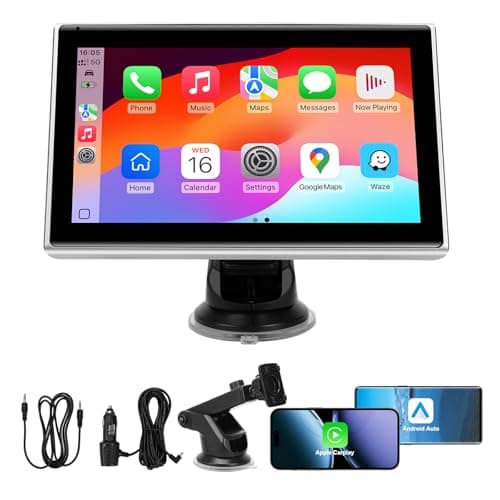 7" Portable Wireless CarPlay Screen for Car – Apple CarPlay & Android Auto, HD Touch Screen Car Stereo, Bluetooth, GPS Navigation, Voice Control, Plug-and-Play with FM/AUX/Mirror Link (Silver)