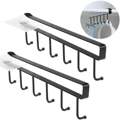 2 Pack Storage Mug Hooks Rack Under Cabinet Each with Fixed Sticker, 6 Hooks Cup Holder Hanger, Ties Belts Scarf Hanging Hook Rack, Mug Hook Hanger Under Shelf Without Drilling Kitchen Utensil Hanger — image 1