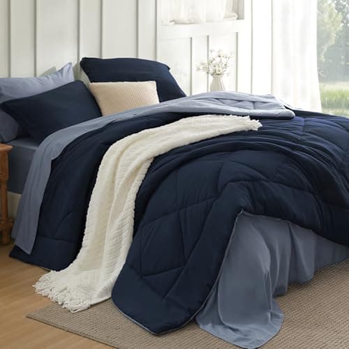 Bedsure Twin Comforter Set - 5 Pieces Reversible Navy Blue Bedding, Twin Size Bed Set for All Seasons, Bed in a Bag with Down Alternative Comforter, Sheets, Pillowcase & Sham — image 1