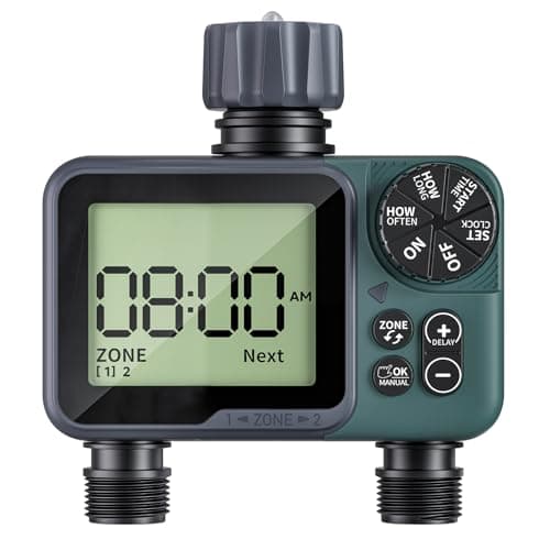 Sprinkler Timer 2 Zone & Digital Water Timer for Garden Hose, Yard, Lawn, Pool – Programmable Irrigation Controller with Rain Delay, IP66 Waterproof Auto & Manual Irrigation System
