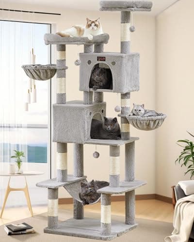 Large Cat Tree Tower for Indoor Cats Adult, 74.8 Inch Tall Multi-Level Kitty Condo with Scratching Posts, Perch, Hammock, Plush Bed for Big Cats, Modern Cat Furniture Heavy Duty (Light Grey)