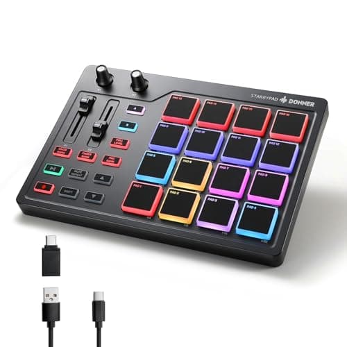 Donner MIDI Pad Beat Maker Machine Professional, Drum Machine with 16 Beat Pads, 2 Assignable Fader & Knobs and Music Production Software, USB MIDI Controller with 40 Courses, STARRYPAD