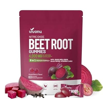 VivoNu Beet Root Gummies 8-in-1 Premium Energy Supplement with CoQ10, Beetroot Extract, Grape Seed Extract, Black Pepper Extract, Vitamins C & B12, L-Arginine & L-Citrulline