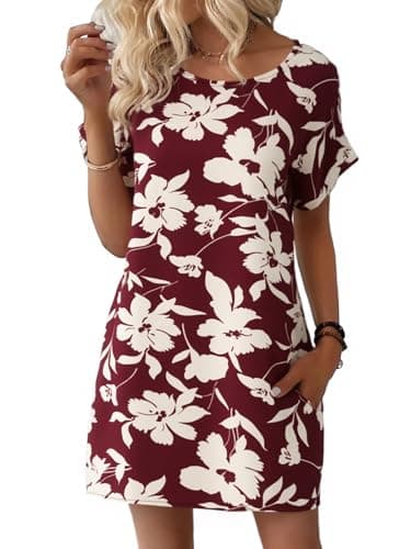 Wenrine Womens Summer Dress 2025 Floral T Shirt Dress Casual Cap Sleeve Crewneck Loose Boho Shift Mini Dresses — image 1