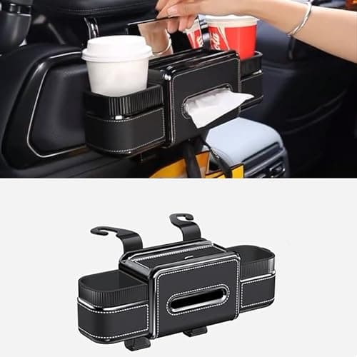 Multifunctional Car Seat Back Organizer Box with Drink Cup Holder, Makeup Mirror, Tissue Box& Hooks for Car Seat Back, New Upgrade Car Headrest Backseat Organizer Suitability for Wife, Girlfriend