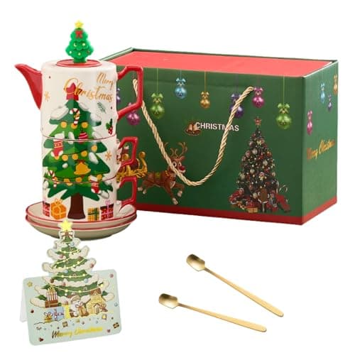 Christmas Tea Set with Removable Infuser, Atarvana Ceramic Tea Set with 1pcs 450ml Teapot, 2pcs 240ml Tea Cups and Saucers, 2pcs Spoons with Gift Box for Family and Kids Christmas Gift — image 1