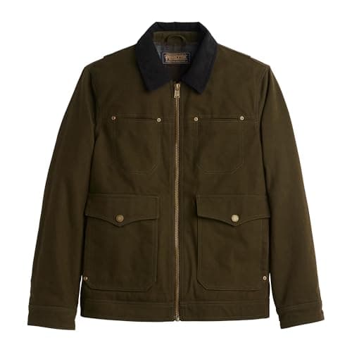 Pendleton Men’s Carson City Ranch Coat, Rugged 12oz Cotton Canvas with Wool Plaid Lining, Corduroy Collar, Functional Pockets, Lightly Insulated Workwear Jacket, Dark Olive, Medium