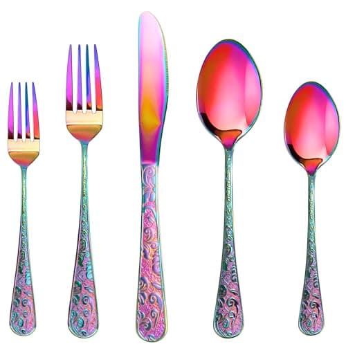 Runfly Vintage Carved Rainbow Stainless Steel 20 Pieces Flatware Set, Colorful Silverware Set, Modern Embossed Cutlery Set Utensils Including Fork Spoon and Knife — image 1