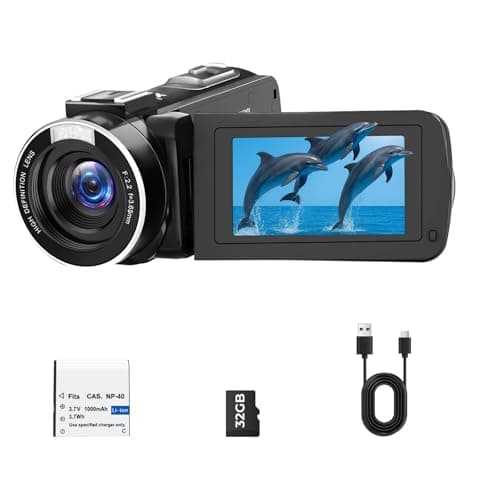 Camcorder Video Camera, Digital Camera 1080P 18X Digital Zoom Cam Corder with Fill Light, 3" 270° Rotatable Screen Webcam Anti-Shake 48MP Vlogging Camera for YouTube with 32GB Card & Battery