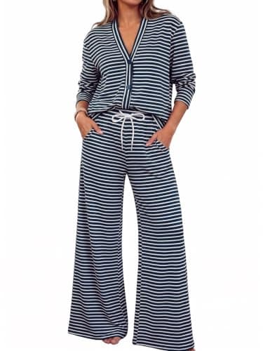 Fisoew Womens 2 Piece Lounge Set Striped Cardigan Pant Sets Travel Outfits — image 1