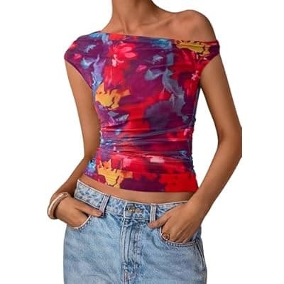 PRETTYGARDEN Women's Off Shoulder Tops 2026 Summer Going Out Crop Tank Tops Asymmetrical Floral Mesh Tight Y2K Shirts Clothes