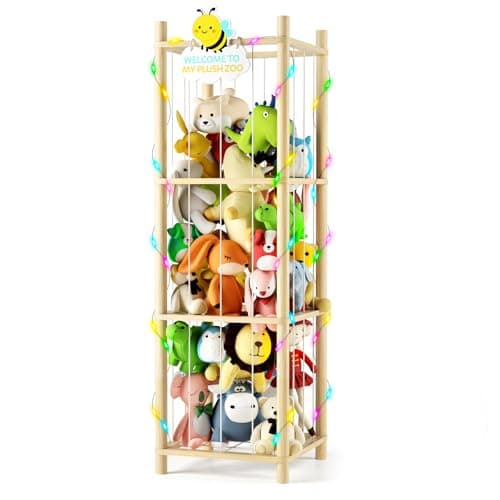 Hsenowi Stuffed Animal Storage Zoo Organizer Natural Pine Plushies Storage with Elastic Bands Vertical Wood Toy Holder Mesh Net Space Saving Design for Playroom Nursery Kids Bedroom