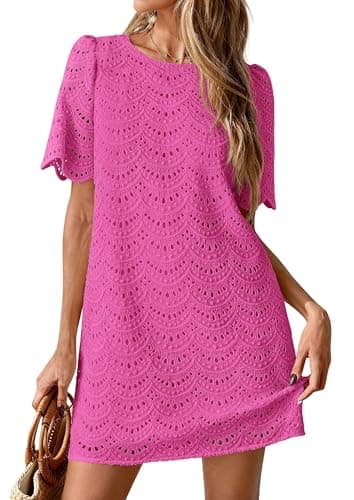 PRETTYGARDEN Women's 2026 Summer Casual Short Dresses Embroidered Lace Short Sleeve Boho Mini Dress Beach Vacation Clothes — image 1