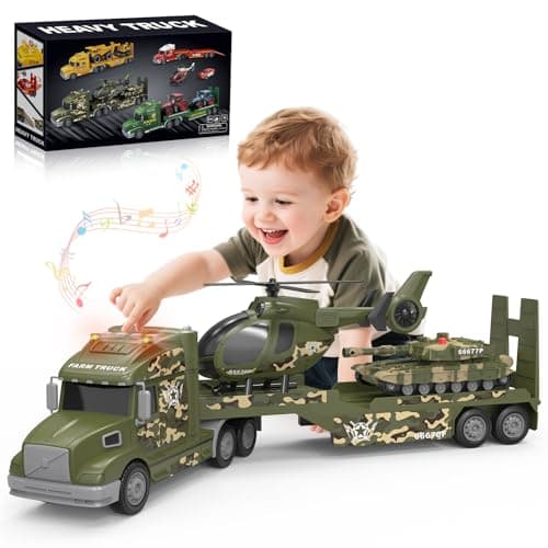 Toddler Toys for 3 4 5 6 Year Old Boys - 27" Large Semi Army Truck Toy with Tank and Helicopter, 3-in-1 Friction Powered Transport Vehicle with Lights Sounds, Christmas Birthday Gifts for Boys