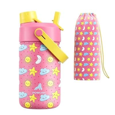 12 oz Kids Water Bottle for Girls: Leakproof, BPA-Free, Durable Straw Spout Lid, 24H Cold, Cute Patterns, Insulated Stainless Steel Cup with Carrier Bag for School, Trip, Camping, Daily (Sunny Dreams)
